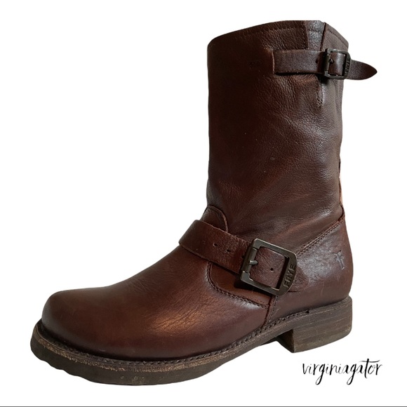 Frye Veronica Short Soft Dark Brown Vintage Leather Engineer Moto Style Boots - Picture 2 of 11